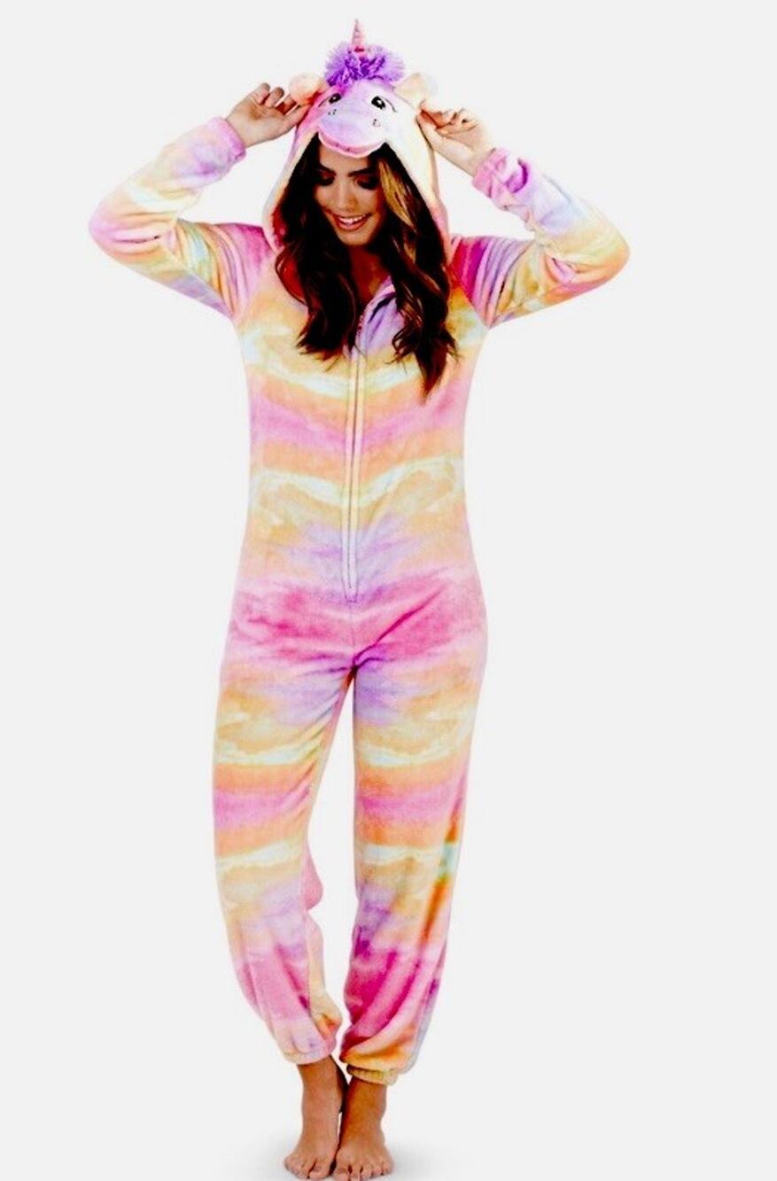 NWT Unicorn Hooded Lounge Sleepwear Costume Pajamas, Medium Pastel Rainbow Plush